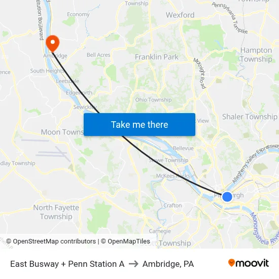 East Busway + Penn Station A to Ambridge, PA map