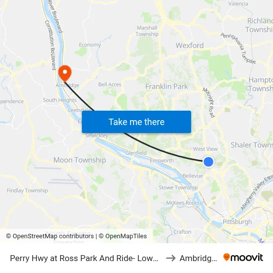 Perry Hwy at Ross Park And Ride- Lower Lot Shelter to Ambridge, PA map