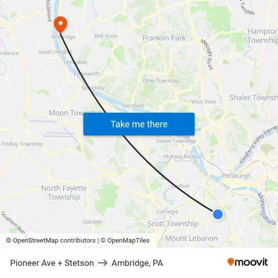 Pioneer Ave + Stetson to Ambridge, PA map