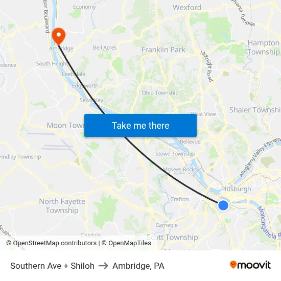 Southern Ave + Shiloh to Ambridge, PA map