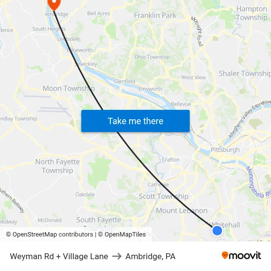 Weyman Rd + Village Lane to Ambridge, PA map