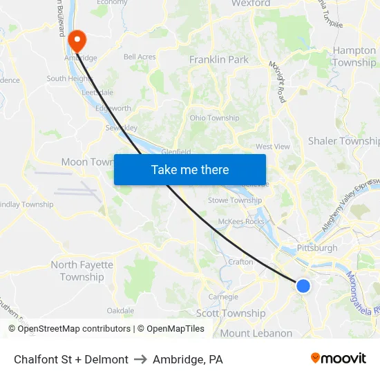 Chalfont St + Delmont to Ambridge, PA map