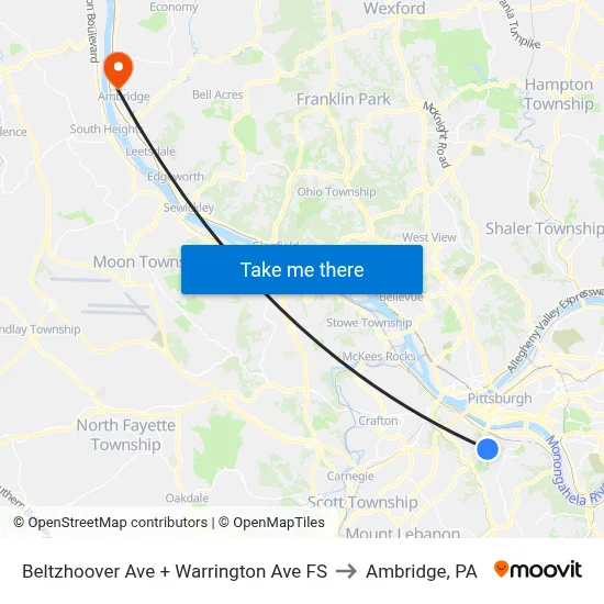 Beltzhoover Ave + Warrington Ave FS to Ambridge, PA map