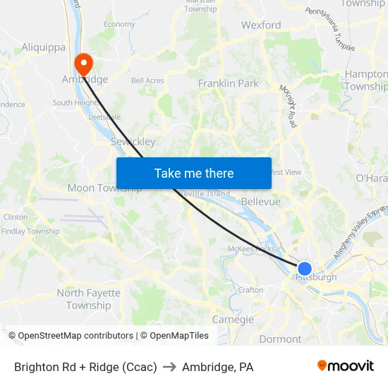 Brighton Rd + Ridge (Ccac) to Ambridge, PA map