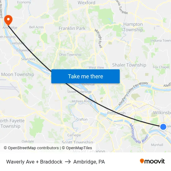 Waverly Ave + Braddock to Ambridge, PA map