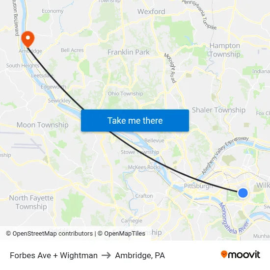 Forbes Ave + Wightman to Ambridge, PA map