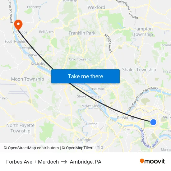Forbes Ave + Murdoch to Ambridge, PA map