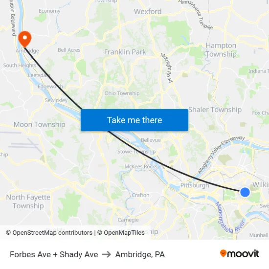 Forbes Ave + Shady Ave to Ambridge, PA map