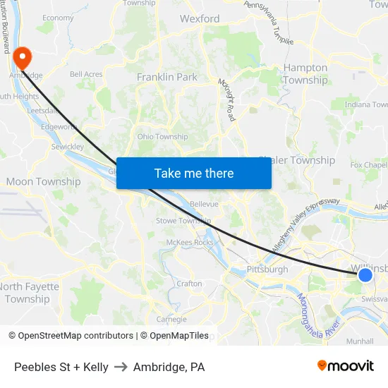 Peebles St + Kelly to Ambridge, PA map