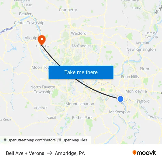 Bell Ave + Verona to Ambridge, PA map