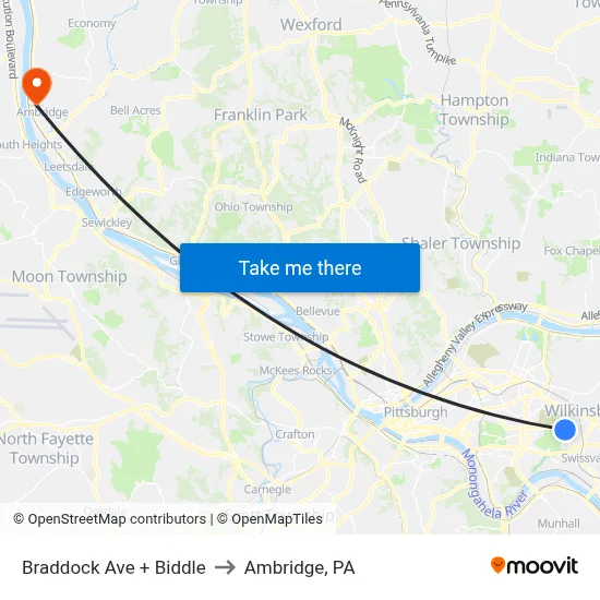 Braddock Ave + Biddle to Ambridge, PA map