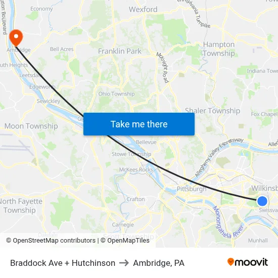 Braddock Ave + Hutchinson to Ambridge, PA map