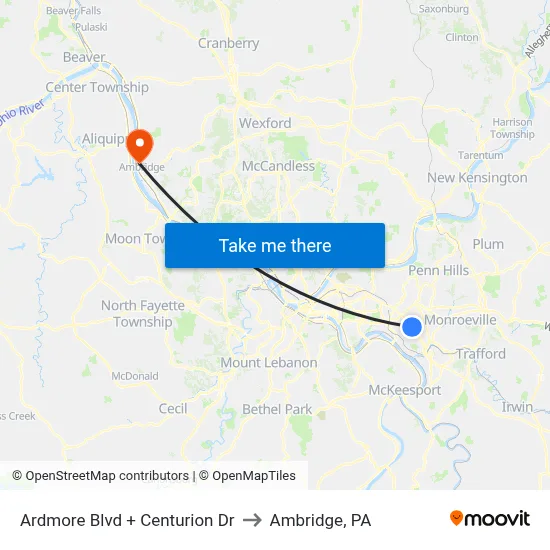 Ardmore Blvd + Centurion Dr to Ambridge, PA map