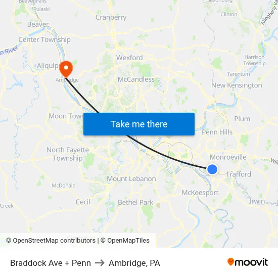 Braddock Ave + Penn to Ambridge, PA map