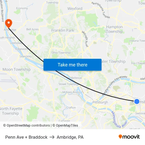 Penn Ave + Braddock to Ambridge, PA map