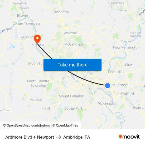 Ardmore Blvd + Newport to Ambridge, PA map