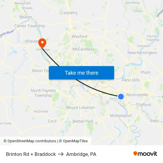 Brinton Rd + Braddock to Ambridge, PA map