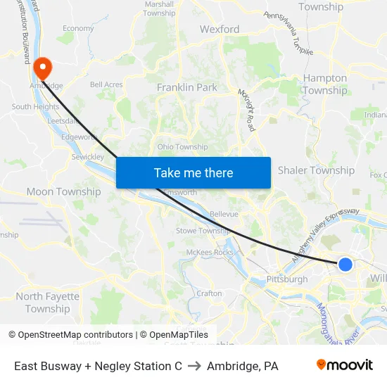 East Busway + Negley Station C to Ambridge, PA map