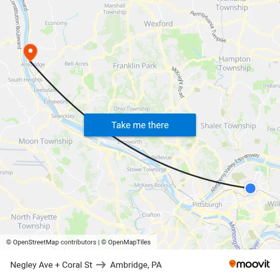 Negley Ave + Coral St to Ambridge, PA map