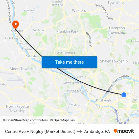 Centre Ave + Negley (Market District) to Ambridge, PA map