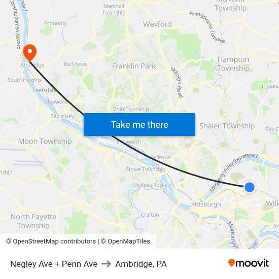 Negley Ave + Penn Ave to Ambridge, PA map