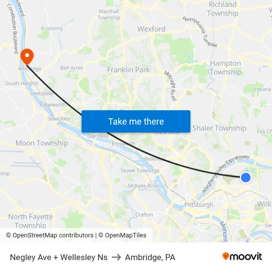 Negley Ave + Wellesley Ns to Ambridge, PA map