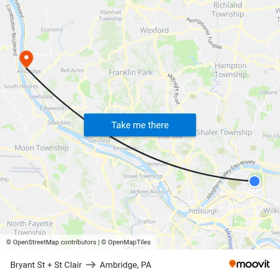 Bryant St + St Clair to Ambridge, PA map