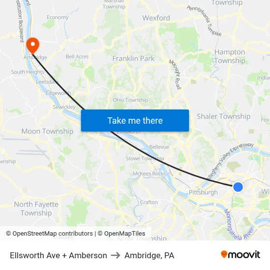 Ellsworth Ave + Amberson to Ambridge, PA map