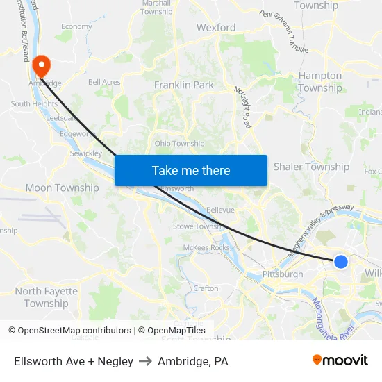 Ellsworth Ave + Negley to Ambridge, PA map