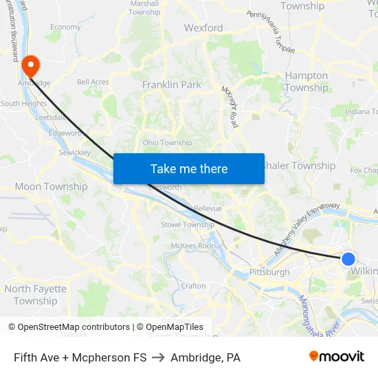 Fifth Ave + Mcpherson FS to Ambridge, PA map