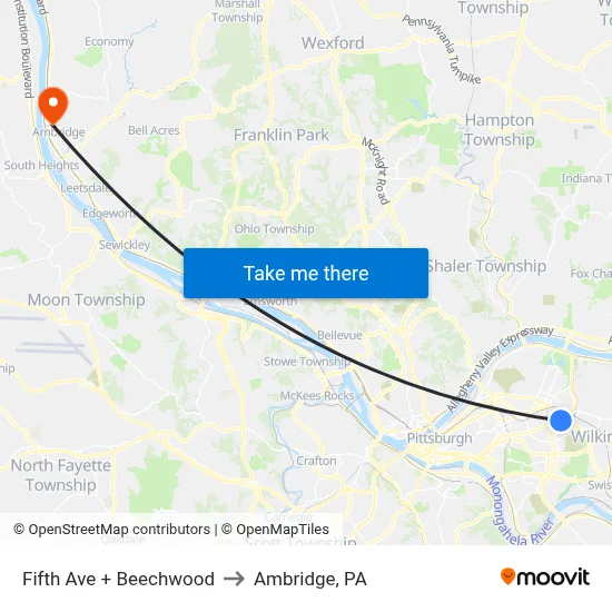 Fifth Ave + Beechwood to Ambridge, PA map
