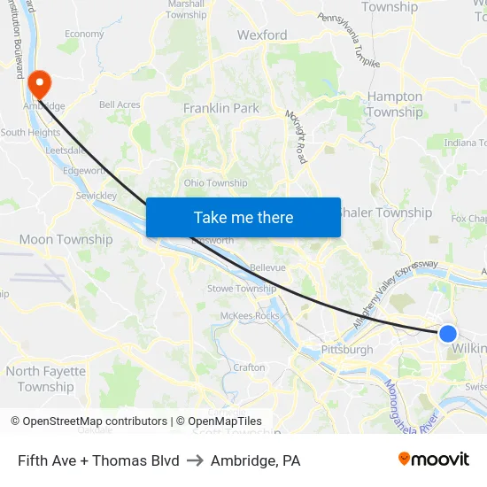 Fifth Ave + Thomas Blvd to Ambridge, PA map