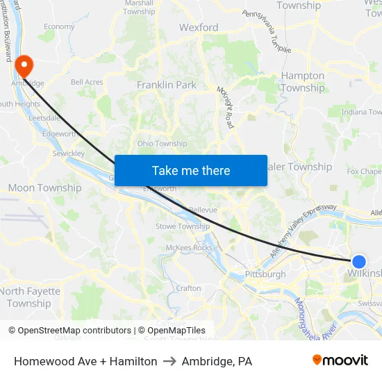 Homewood Ave + Hamilton to Ambridge, PA map