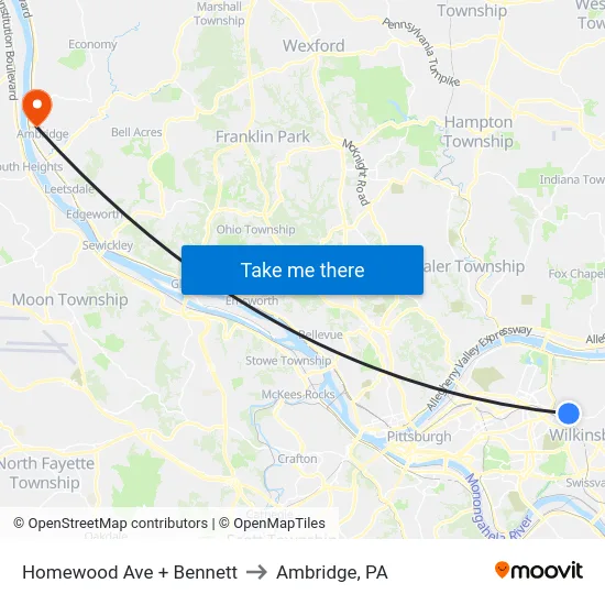 Homewood Ave + Bennett to Ambridge, PA map