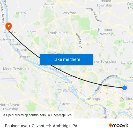 Paulson Ave + Olivant to Ambridge, PA map