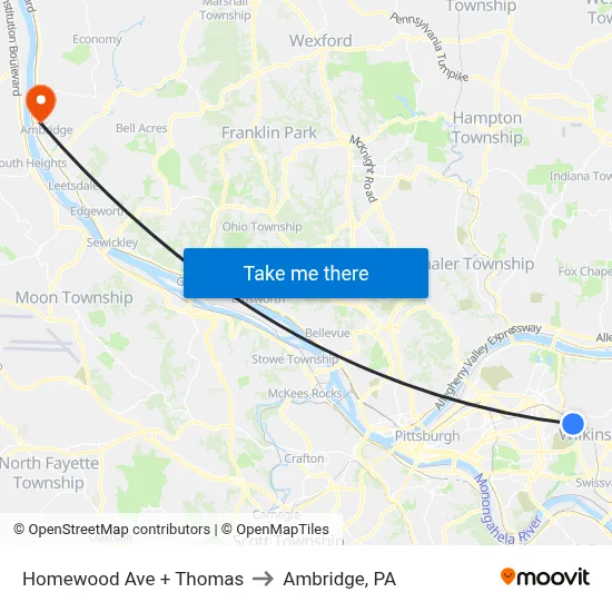 Homewood Ave + Thomas to Ambridge, PA map