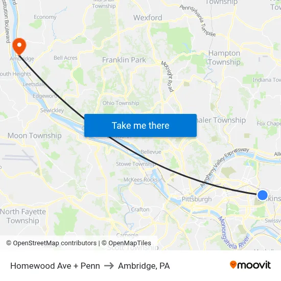 Homewood Ave + Penn to Ambridge, PA map