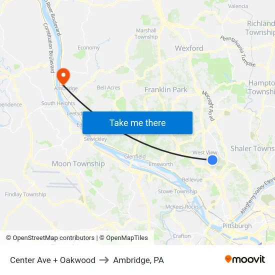 Center Ave + Oakwood to Ambridge, PA map