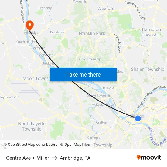Centre Ave + Miller to Ambridge, PA map