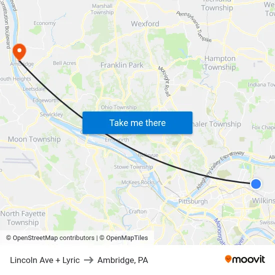 Lincoln Ave + Lyric to Ambridge, PA map