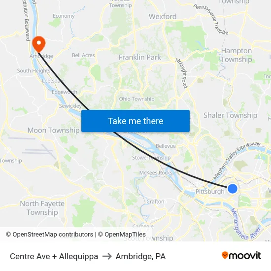 Centre Ave + Allequippa to Ambridge, PA map