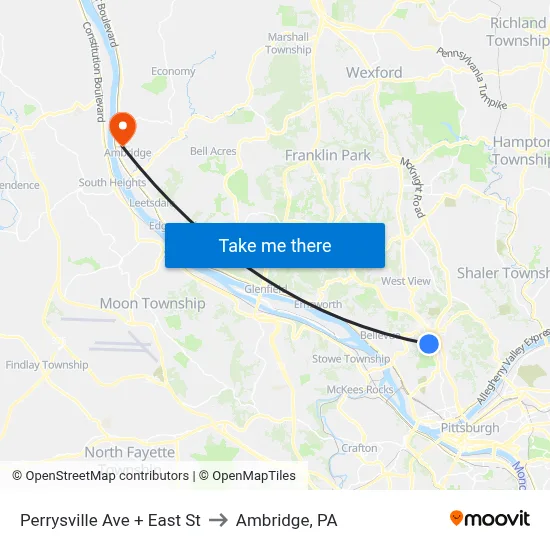 Perrysville Ave + East St to Ambridge, PA map
