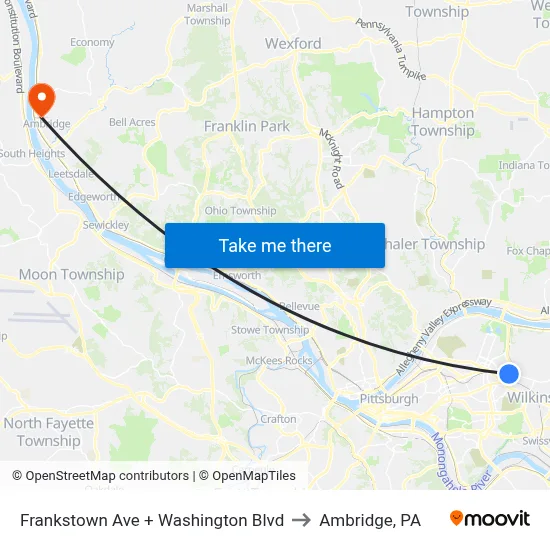 Frankstown Ave + Washington Blvd to Ambridge, PA map