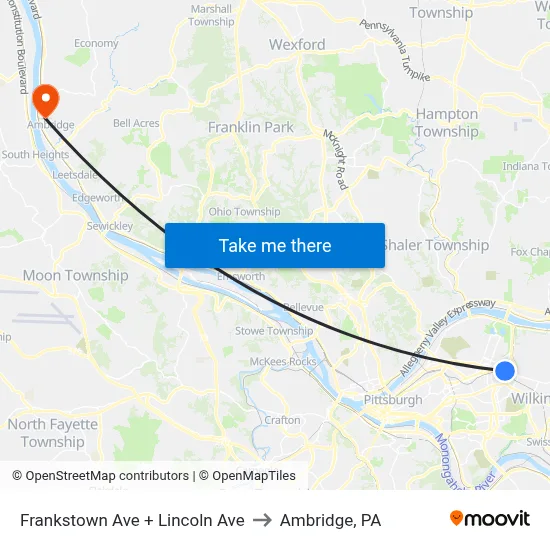 Frankstown Ave + Lincoln Ave to Ambridge, PA map