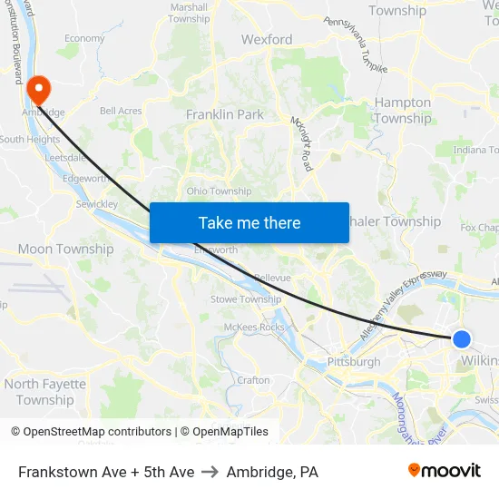 Frankstown Ave + 5th Ave to Ambridge, PA map