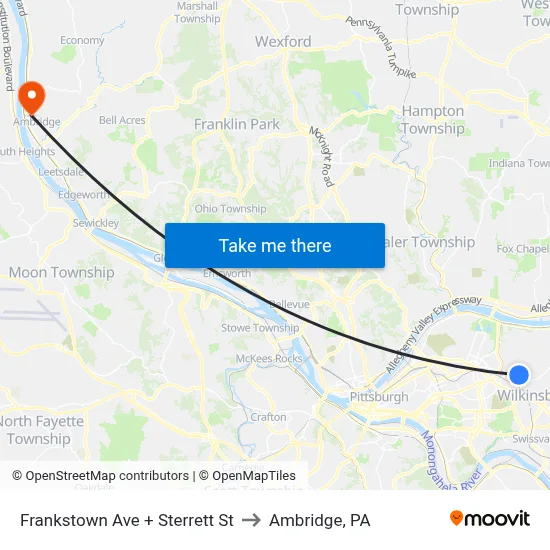 Frankstown Ave + Sterrett St to Ambridge, PA map