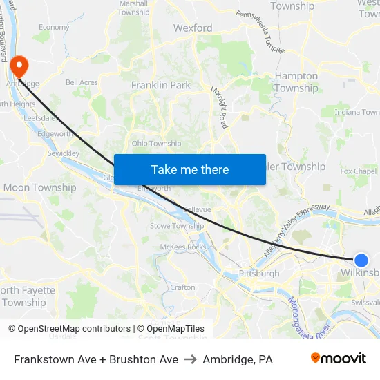 Frankstown Ave + Brushton Ave to Ambridge, PA map