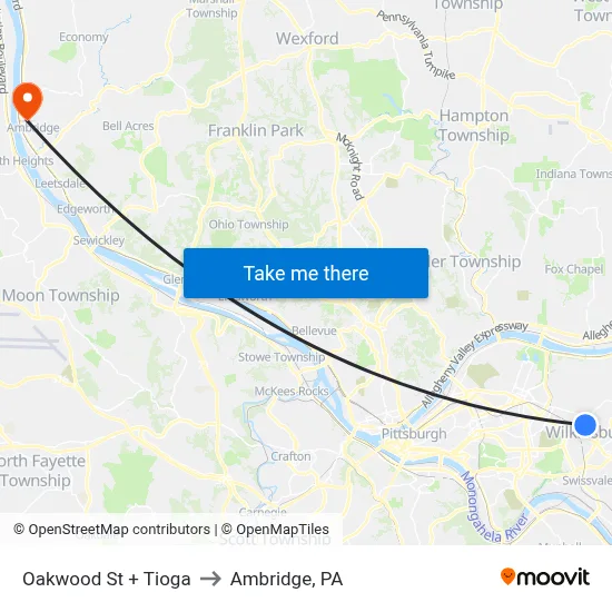 Oakwood St + Tioga to Ambridge, PA map