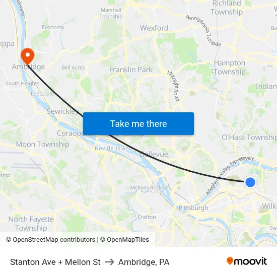 Stanton Ave + Mellon St to Ambridge, PA map