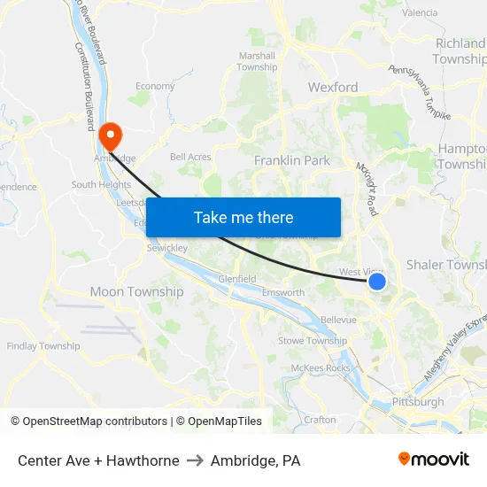 Center Ave + Hawthorne to Ambridge, PA map
